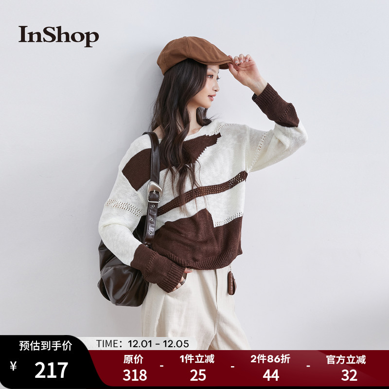 【商场同款】InShop新款女不规则色块针织衫宽松小众俏皮感上衣