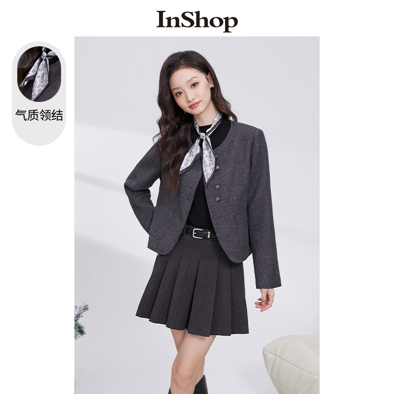 【商场同款】INSHOP新款气质小香风短外套女优雅丝巾领结上衣