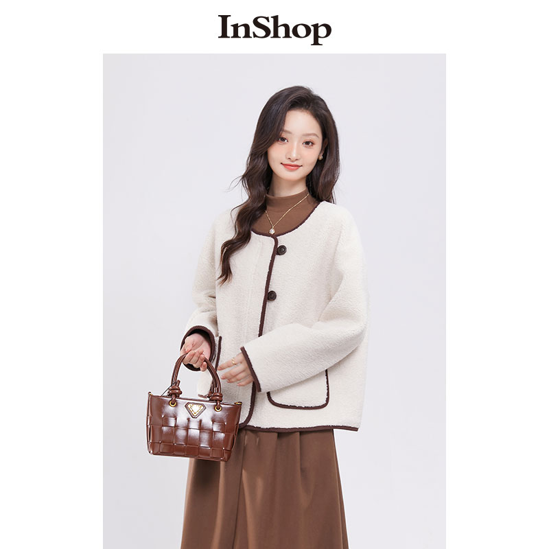 【商场同款】INSHOP新款颗粒绒皮草外套女少女感减龄撞色边上衣