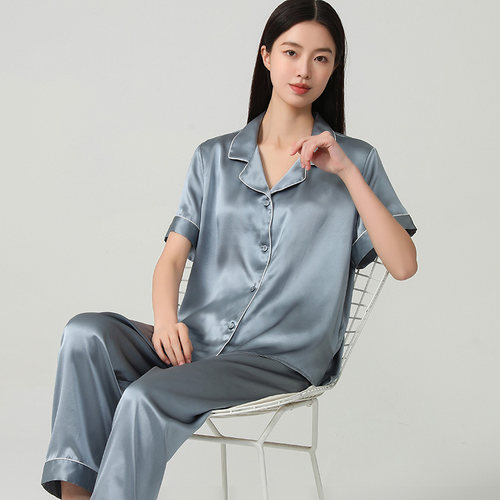女士桑蚕丝纯色两件套睡衣家居服