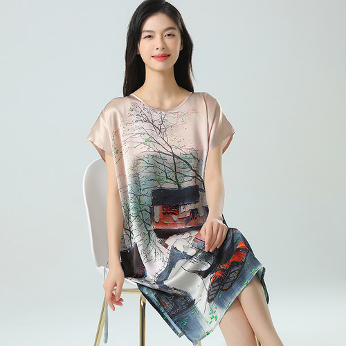 过膝盖妈妈款式夏季真丝印花睡裙