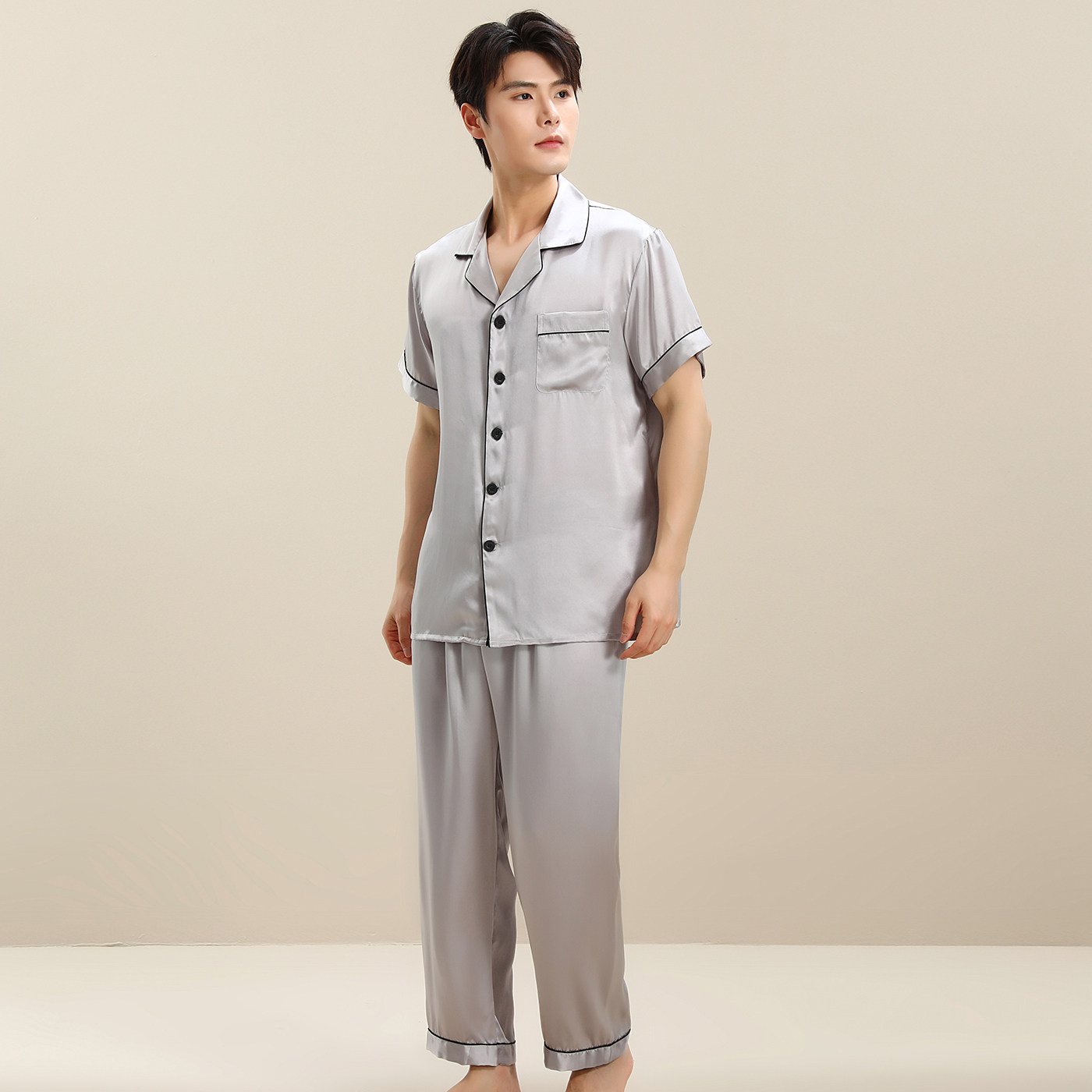 杭州丝绸100%桑蚕丝新款纯色重磅真丝男士套装家居服短袖长裤浅灰