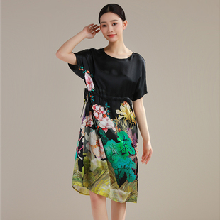 新中式100%桑蚕丝睡衣真丝睡裙女夏短袖收腰显瘦外穿丝滑妈妈长裙