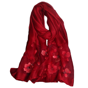 新款高端丝绸真丝丝巾高档刺绣桑蚕丝围巾女士苏绣婚礼配披肩红色