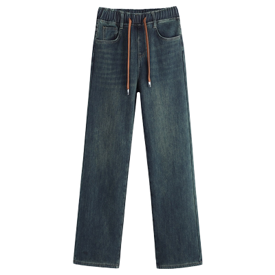 沐烟直筒加长加绒高腰牛仔裤