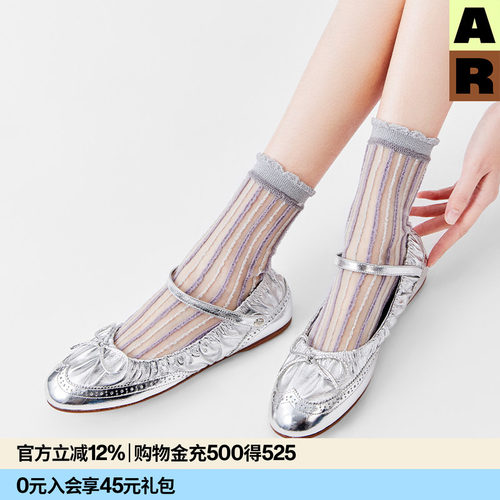 AR芭蕾风花边罗口水晶袜条纹金银丝袜子2026新款夏薄显瘦玻璃丝袜