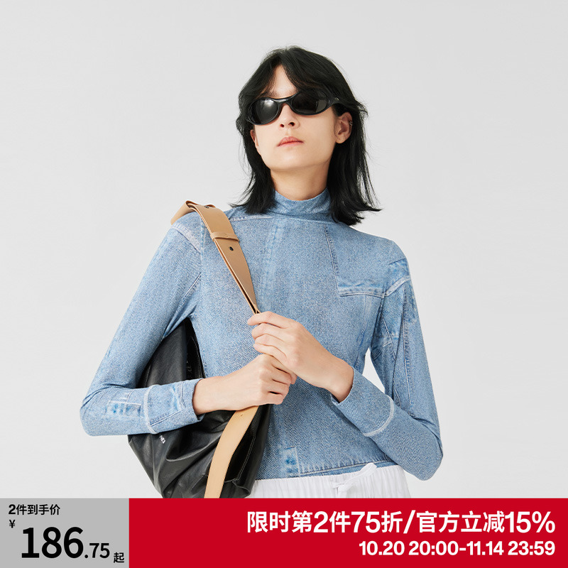 【第二件75折】AR牛仔视错觉打底衣女显瘦百搭可外穿高领长袖上衣