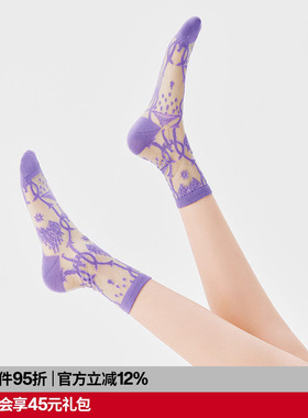 AR复古紫色蕾丝花纹水晶丝袜2026夏季玻璃丝袜透明短袜薄款女a线