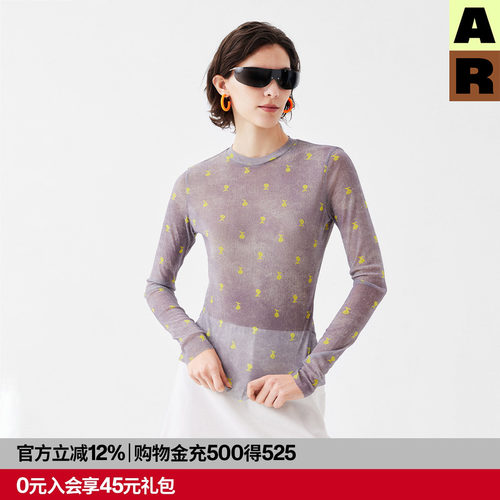 AR原创小众花卉印花网纱打底衫修身长袖T恤可外穿薄款内搭女新款