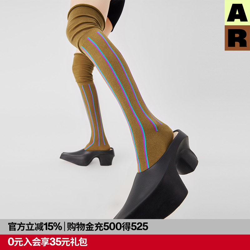 AR原创撞色条纹过膝袜堆堆袜袜子黑色长筒袜ins潮r线AlmondRocks