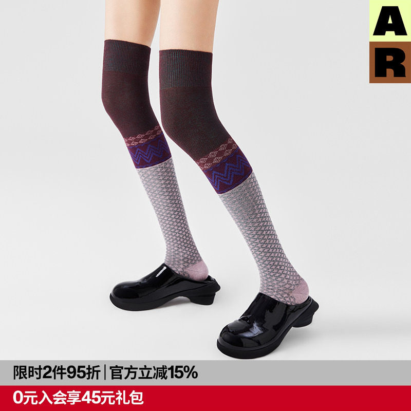 AR新中式古钱字纹过膝袜拼接长筒袜秋冬女显瘦靴袜a线AlmondRocks