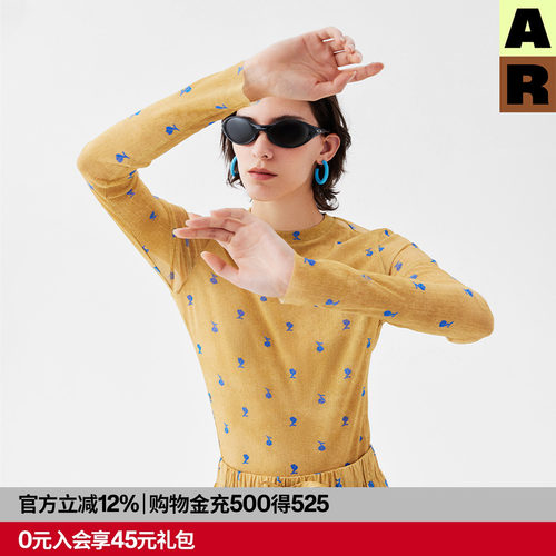 AR原创小众花卉印花网纱打底衫基底衣时尚修身长袖可外穿薄款内搭