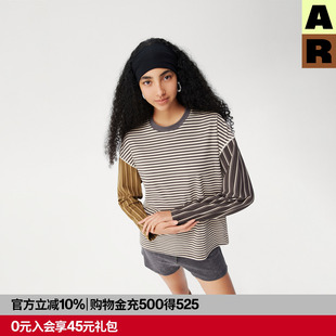 AR条纹绒感长袖 上衣女秋 卫衣T恤复古美拉德撞色拼接宽松套头衫