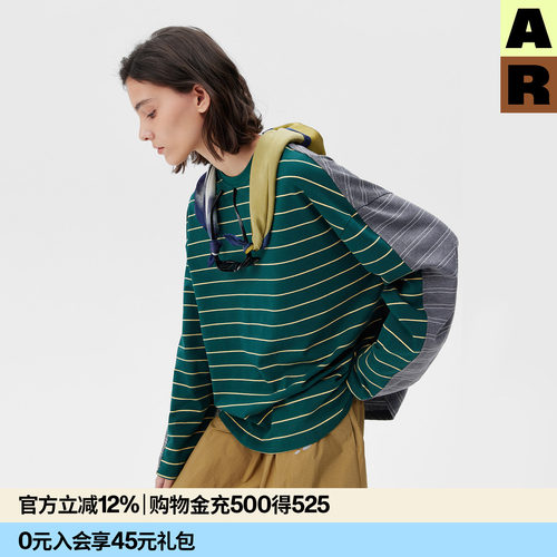 AR复古条纹miu系宽松长袖T恤撞色休闲圆领打底衫上衣2026新款春夏
