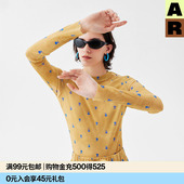 可外穿薄款 AR原创小众花卉印花网纱打底衫 长袖 修身 内搭 基底衣时尚