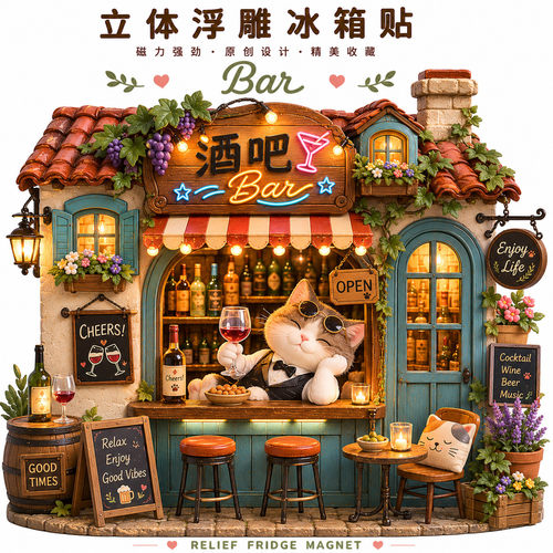 猫咪酒吧树脂立体浮雕冰箱贴