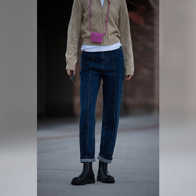 WinnieTang摩登丹宁·重工洗水莱赛尔棉复古牛仔裤显瘦挺缝线长裤