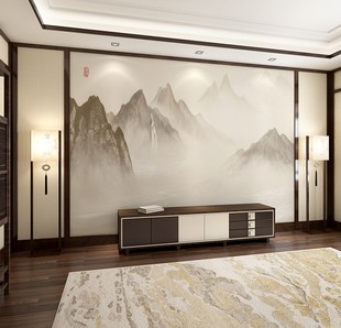 新中式 电视背景墙壁纸立体意境山水客厅定制壁画卧室沙发影视墙布