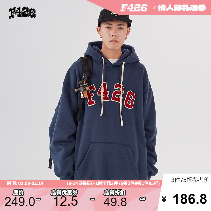 【F426官方店】国潮牌秋季情侣嘻哈双层毛呢贴布绣宽松休闲卫衣