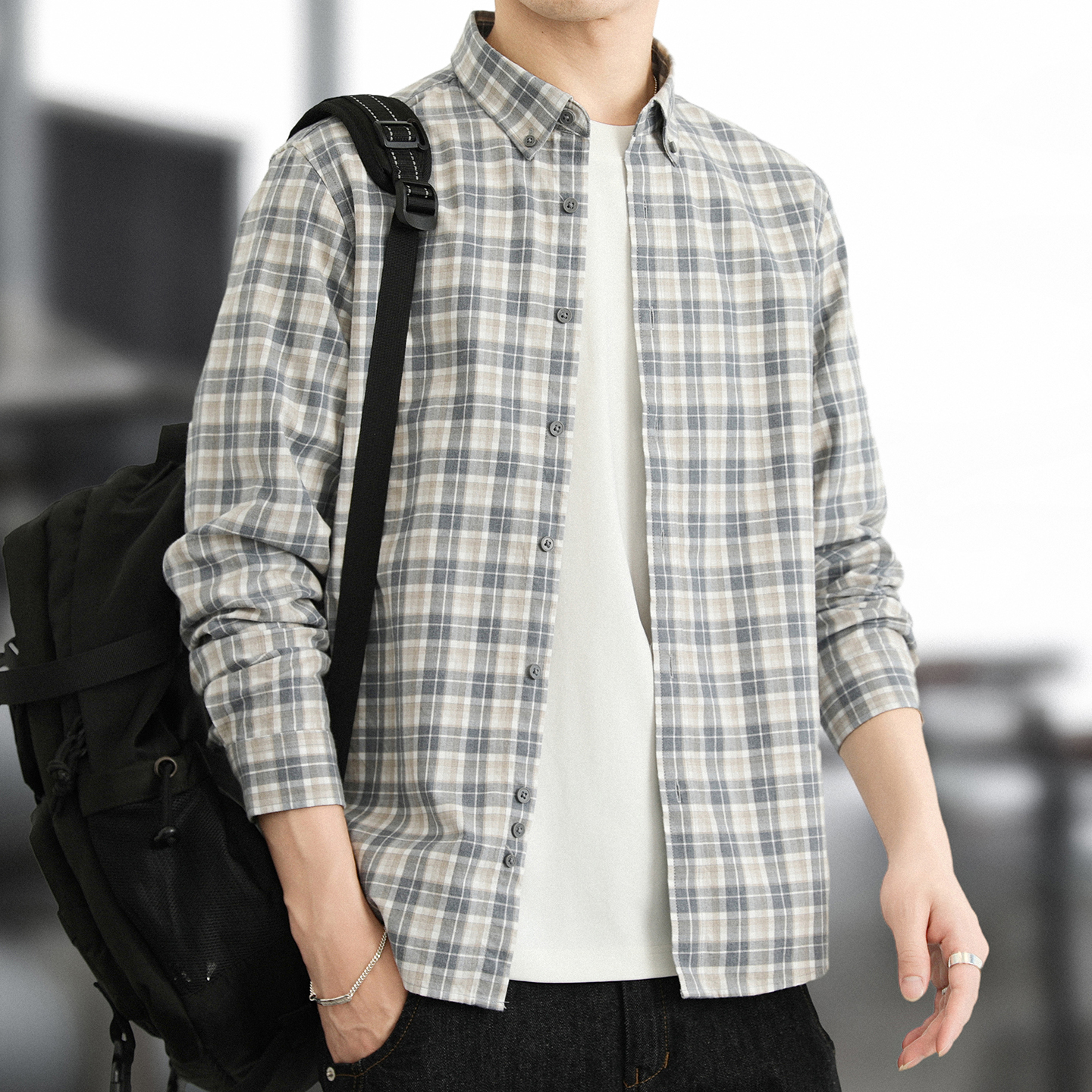 纯棉磨毛长袖衬衫格子休闲上衣