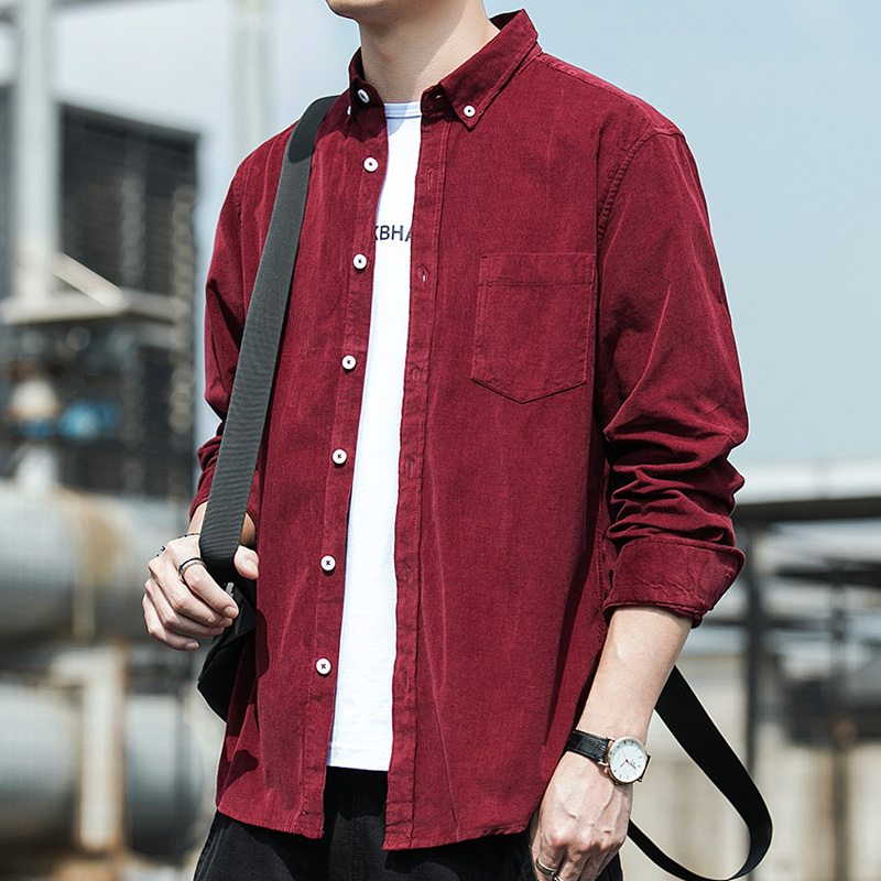 秋季男士潮流纯棉长袖衬衫青年休闲寸条纹灯芯绒衬衣痞帅外套男装