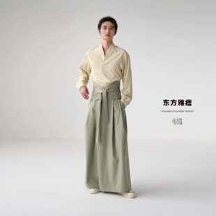 裙秋季 轻国风原创亮泽绿可拆腰封褶位休闲日常裤 新中式 乱山昏