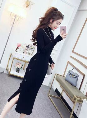 女秋冬季针织毛衣打底内搭中长款过膝加厚黑色配大衣的裙子连衣裙