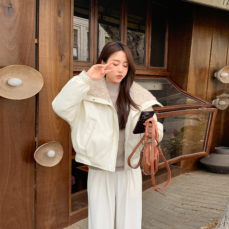 新款百搭仿绵羊皮棉衣女夹克短款羊羔毛羽绒棉服冬季翻毛领棉衣