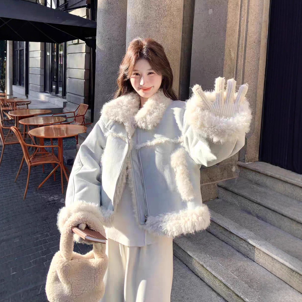 百搭皮毛一体麂皮绒外套女2025冬季加绒加厚保暖小个子短款夹克潮
