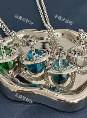 经典大号orb项链立体土星链条镶钻星球飞行冰川蓝薄荷绿锁骨链