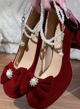 红色低跟订婚鞋新娘鞋不累脚禾秀敬酒服法式绝美玛丽珍粗跟高跟鞋