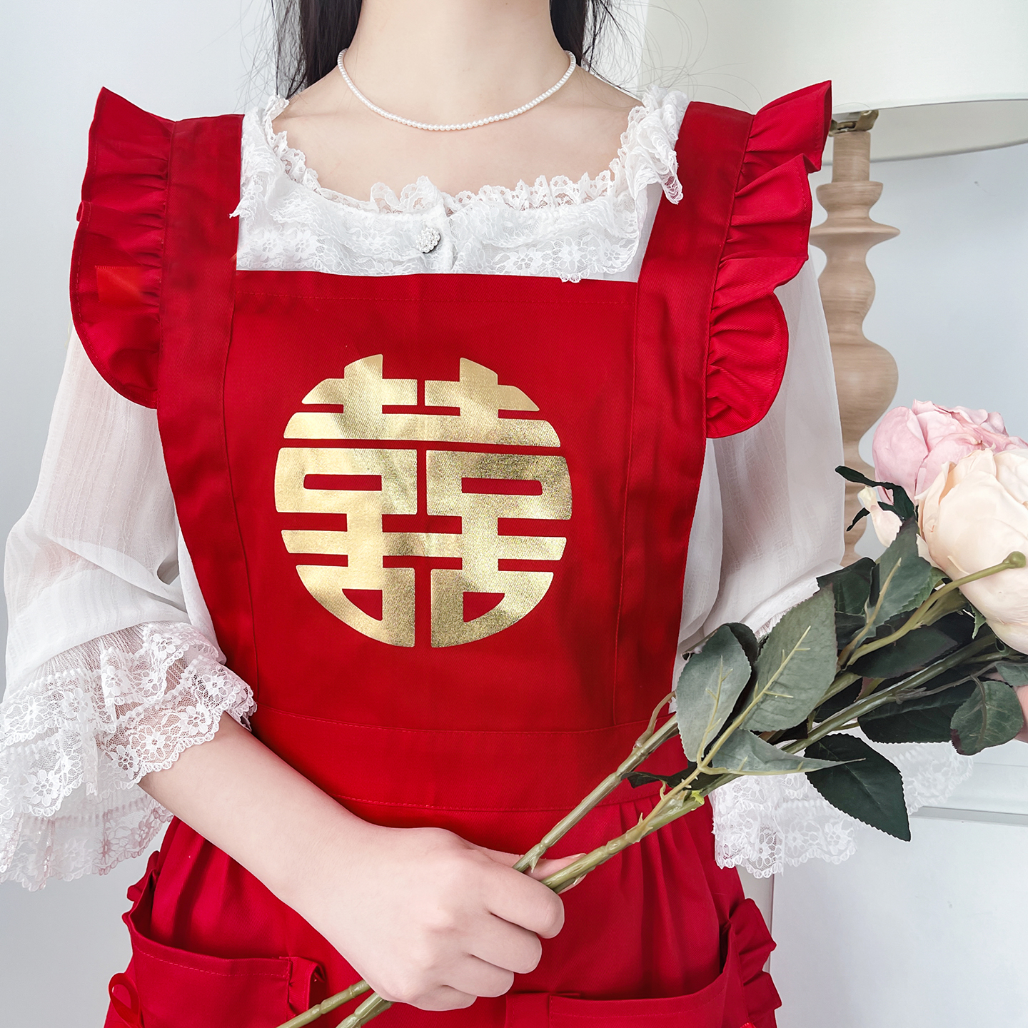 喜庆陪嫁大红色新娘伴手礼围裙