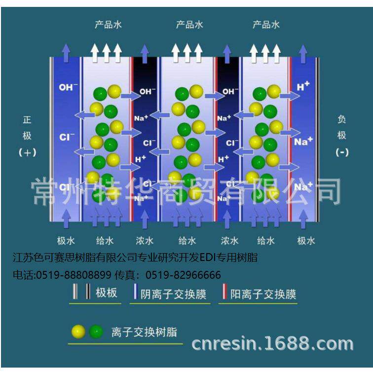 EDI装置将色可赛思离子交换树脂充夹在色可赛思阴/阳离子交换膜