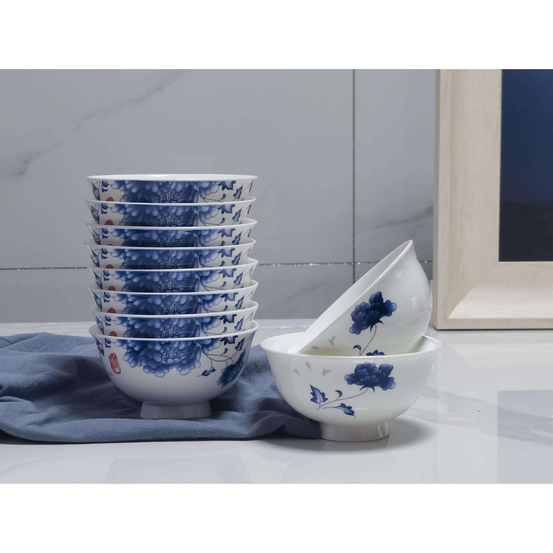 饭碗家用青花瓷碗米饭碗釉中彩骨瓷高温高脚碗不烫手微波炉