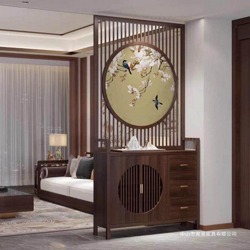 刺绣家用遮挡入户遮挡玄关储物柜镂空装饰新中式实木屏风隔断客厅