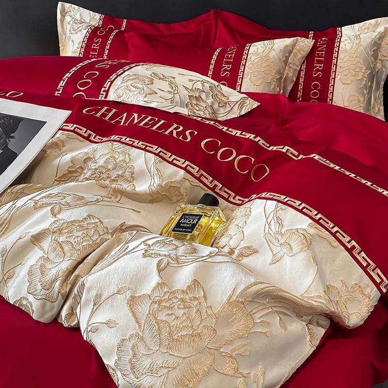 婚庆四件套结婚大红色简约提花被套床单新婚房喜被床上用品