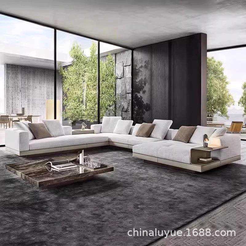 意式极简客厅棉麻布艺康纳利皮沙发设计师款别墅大户型组合转角沙