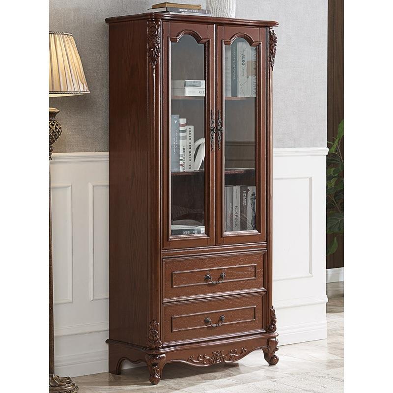 美式全实木书柜带玻璃门储物柜收纳柜欧式书房落地柜客厅边角落柜