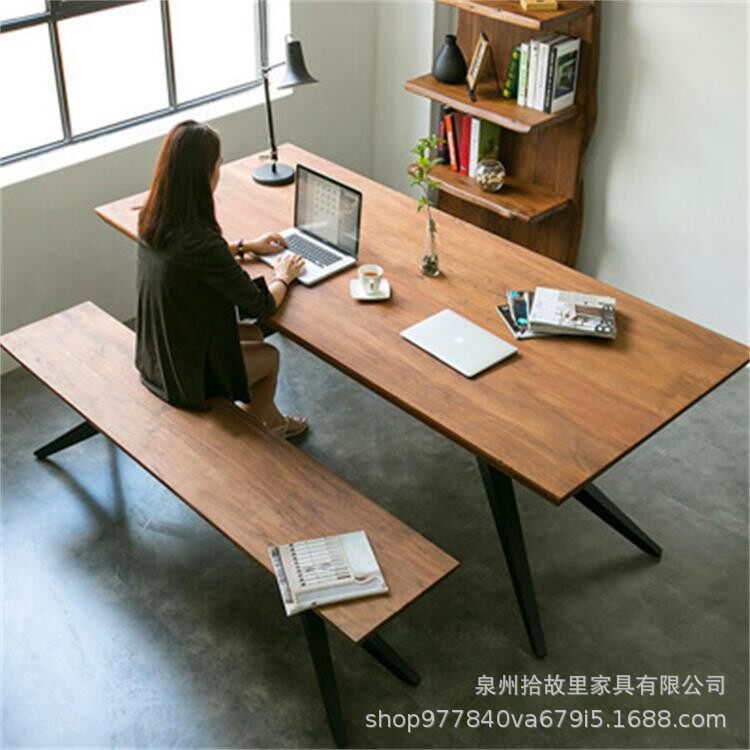 创意实木书桌北欧家用工作室办公桌电脑桌图书馆简易铁艺阅读桌