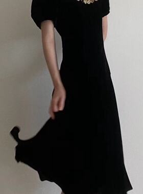 美王定制连衣裙中古1930 vintage 黑天鹅丝绒连衣裙