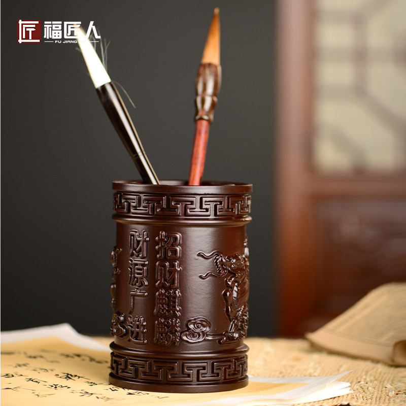 黑檀木雕麒麟笔筒工艺品办公室书桌家居客厅木质笔筒摆件送礼