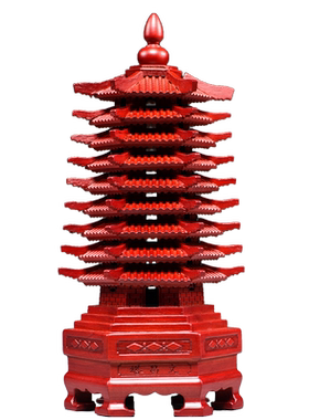 红色桃木质雕刻9层文昌塔摆件