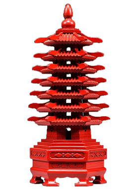 红色桃木质雕刻7层文昌塔摆件