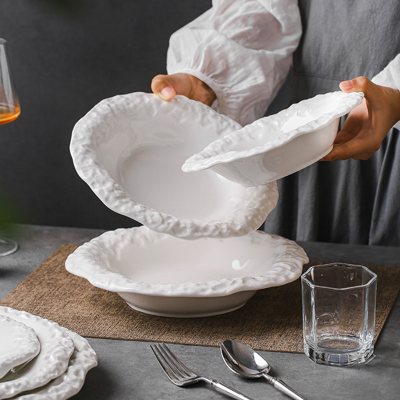 创意岩石纹盘子私房菜特色菜盘圆汤盘蒸鱼盘商用酒店纯白陶瓷餐具,餐饮具,盘,淘宝优惠券,粉丝福利购,淘宝优惠卷