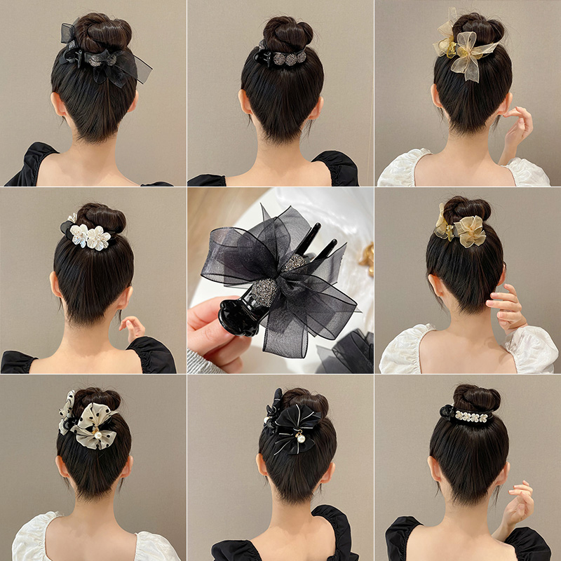 水钻高级感蝴蝶结丸子抓夹马尾