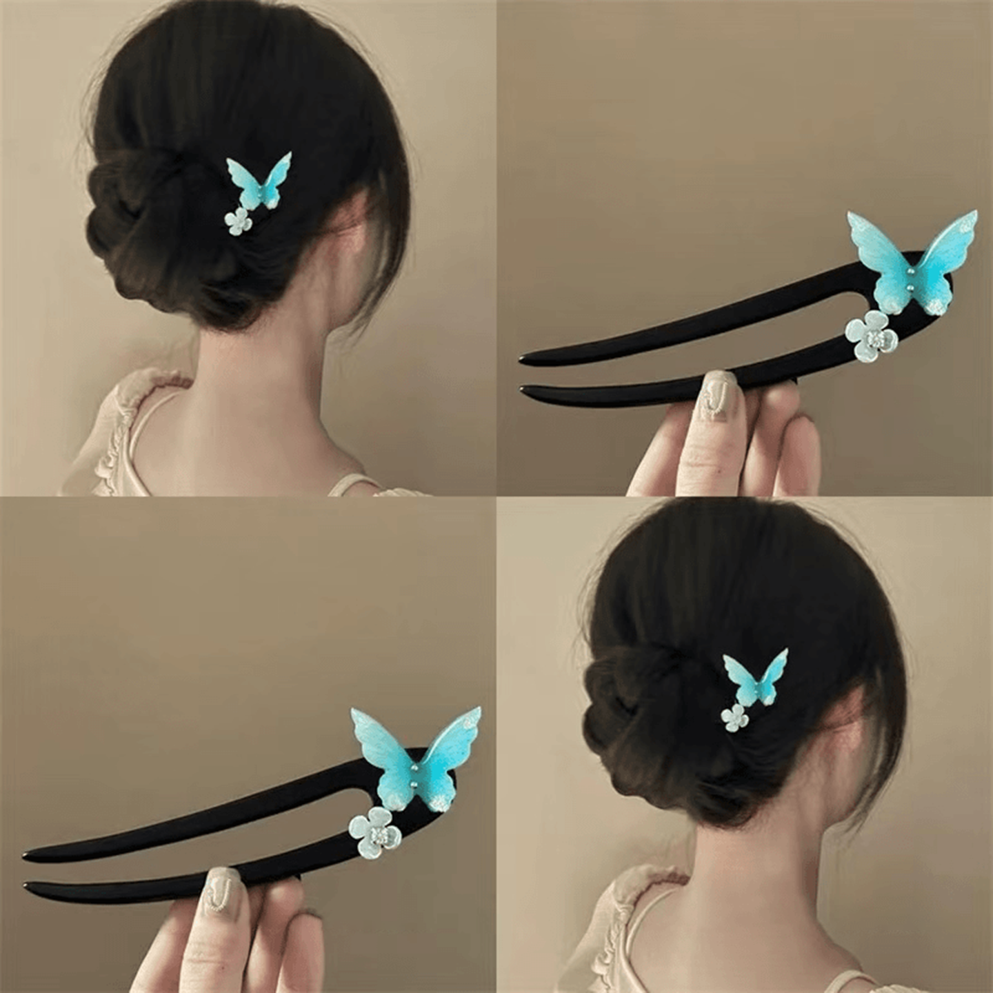 蓝色蝴蝶u型木发簪古风新中式复古超仙花朵马面裙发夹丸子头发饰