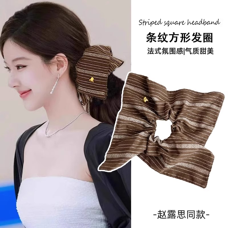 复古条纹大肠方巾发圈女2024新款丸子头发绳高级感橡皮筋头绳发饰
