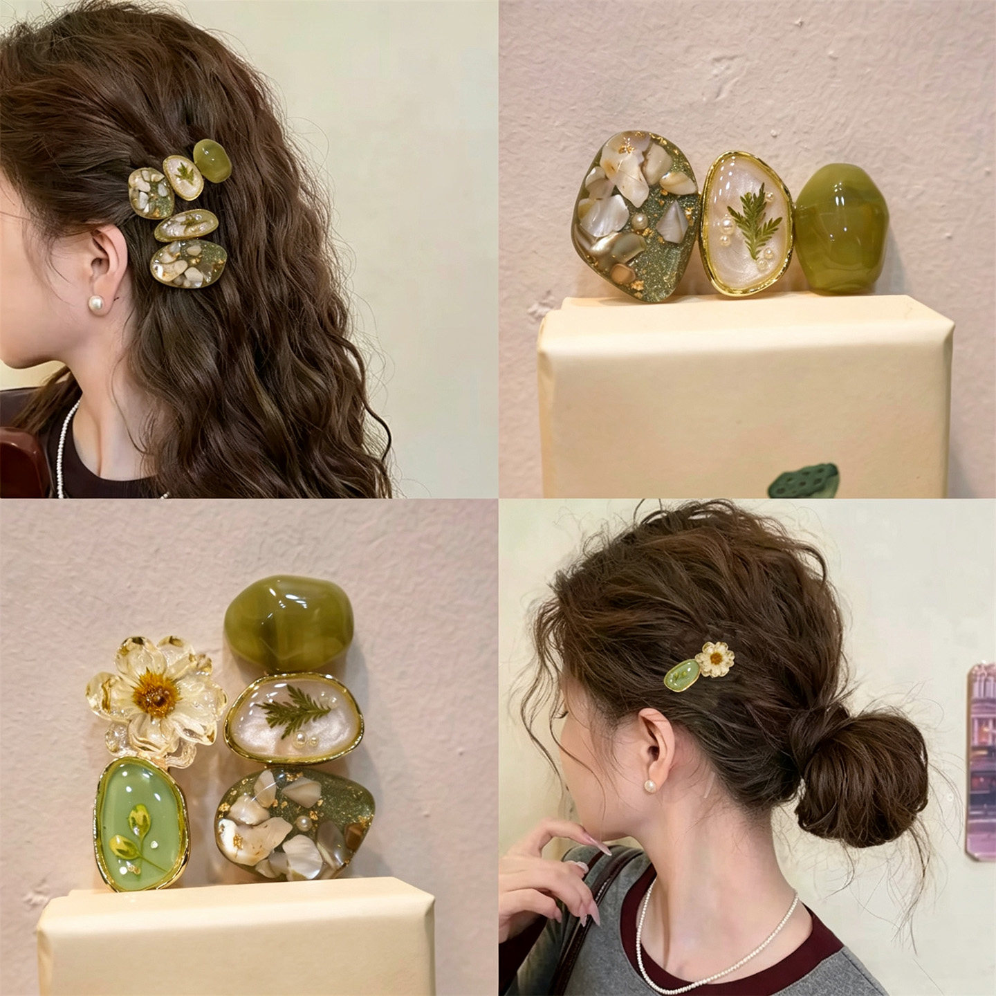 清透橄榄绿干花系列发夹女温柔风前额刘海夹森系少女边夹树脂发饰