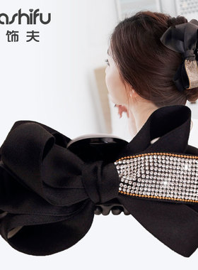 精致黑色缎面蝴蝶结发夹女后脑勺抓夹高级感气质鲨鱼夹水钻发卡