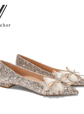 婚鞋2024年新款新娘鞋粗跟平底单鞋秀禾婚纱两穿尖头亮片高跟鞋女